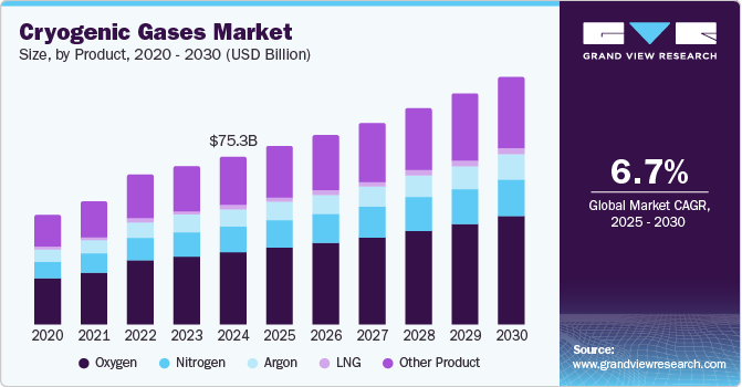 Cryogenic Gases Market Size by Product, 2020 - 2030 (USD Billion) Cryogenic Gases Market Size by Product, 2020 - 2030 (USD Billion)